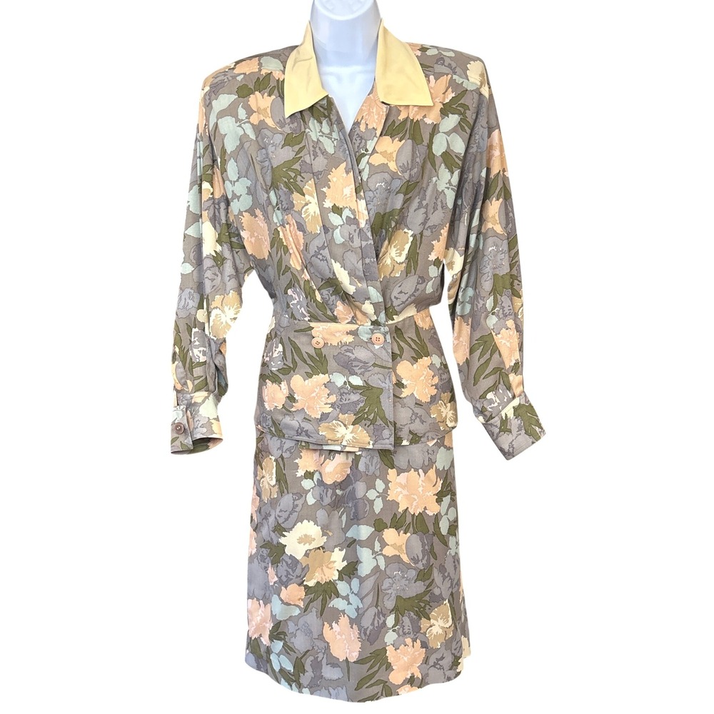 Kay Unger St Gillian 100% Silk Floral Skirt Set Vintage 80s 90s Pastel Size 10